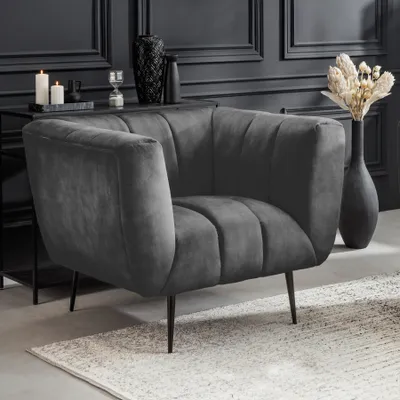 Produktbild von riess-ambiente Retro Sessel NOBLESSE 105cm grau Samt schwarze Metallfüße Federkern Ziersteppung Lesessel Relaxsessel