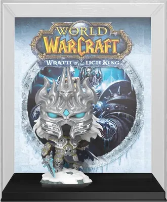 A Funko POP! figure of The Lich King from World of Warcraft: Wrath of the Lich King, displayed in a white frame with the game's artwork in the background.