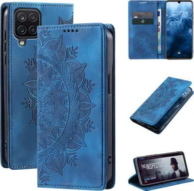 Produktbild von Mandala Handyhülle für Samsung Galaxy A12 RFID Schutz Klapphülle Case Cover Design Schutzhülle Farbe: Blau