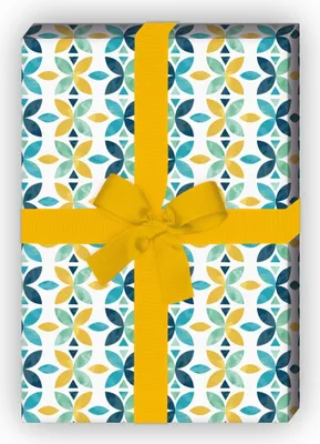 Produktbild von Grafisches Blüten Geschenkpapier im Retro Stil, türkis - G8491, 32 x 48cm