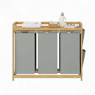 Produktbild von Wäschekorb mit 3 Fächern aus Bambus 150 l | Grau | 33,8x93,8x78cm