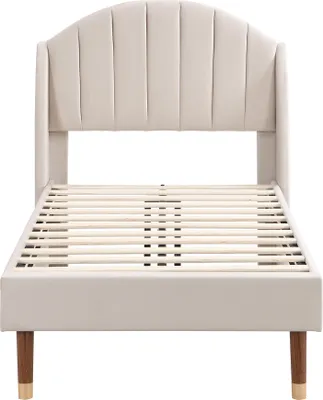 Produktbild von Flieks Einzelbett Jugendbett 90x200cm Polsterbett mit Lattenrost, Massivholzbett Samt, Kinderbett Gästebett, Beige