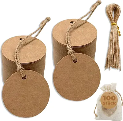 Produktbild von Kraftpapier Rund Anhänger Etiketten, 100 Stück Braun Geschenkanhänger mit 100 Stück Juteschnur, 5 CM kraftpapier Etiketten Tags, für Verpacken, Hochzeiten, Partys, Wahletiketten, Preisschilder