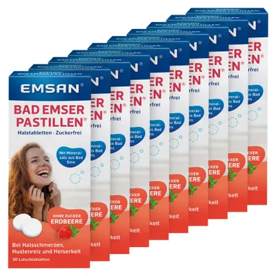 Produktbild von EMSAN Bad Emser Pastillen ohne Zucker Erdbeere bei Halsschmerzen 10x30 Stück, KI-generiertes Bild