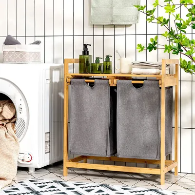 Produktbild von Waescheschrank mit 2 ausziehbaren Waeschekoerben, Badezimmerschrank Bambus mit Ablage, Waeschesammler 2 Faecher, Baderegal, Badezimmerregal Waeschesortierer 64x33x73cm