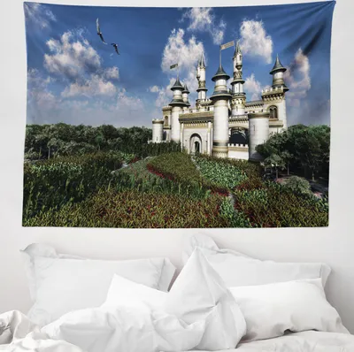 Produktbild von ABAKUHAUS Märchen Wandteppich, Eagles und ein Schloss aus Weiches Mikrofaser Stoff Waschbar ohne Verblassen Digitaldruck, 150 x 110 cm, Mehrfarbig