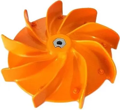 A single orange fan rotor with a gray central hub, isolated on a white background.
