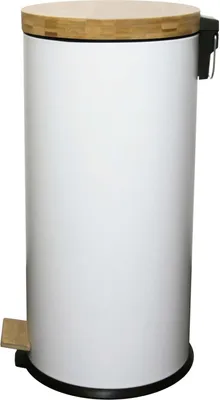 A white pedal trash can with a wooden lid and pedal, shown from the front.