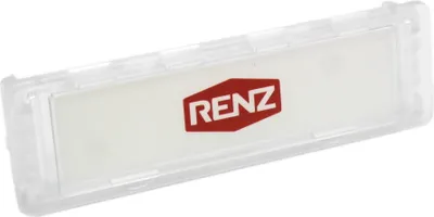 A clear product shot of a transparent name tag with a red logo.