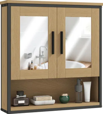 Image de HOMCOM Armoire murale salle de bain avec miroir, meuble salle de bain, armoire de toilette avec compartiment ouvert et étagère réglable, chêne
