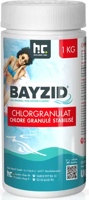 A white plastic container of pool chlorine granules with a label featuring a woman in a bikini by a pool.