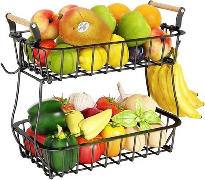 Immagine prodotto di Cestino per frutta a 2 ripiani, nero, in metallo, in 2 pezzi, per frutta e verdura