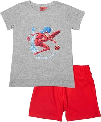 Zdjęcie produktu dla United Labels Miraculous piżama dla dziewczynek - zestaw piżamy dziecięcej Ladybug z krótkim rękawem i spodniami szary/czerwony 110/116