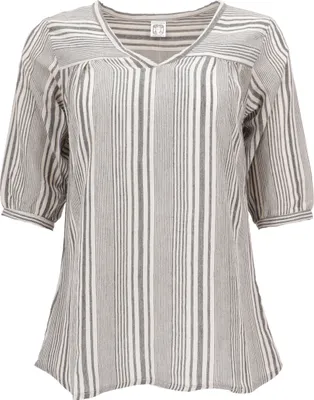 Produktbild von Leichte Baumwollbluse, Gestreifte Boho Schlupfbluse mit V-Ausschnitt - Grau/beige, Damen, Baumwolle, Größe: S