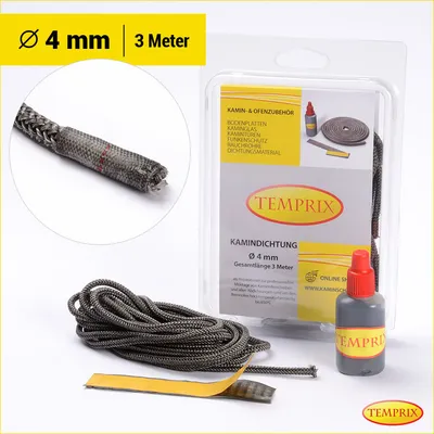 Immagine prodotto di Guarnizione per caminetti e stufe Temprix Ø 4 mm - 3 metri, colla inclusa | Cordoncino refrattario per stufe e caminetti e nastro sigillante resistente a temperature fino a 650 °C | Guarnizione per caminetti, stufe e barbecue