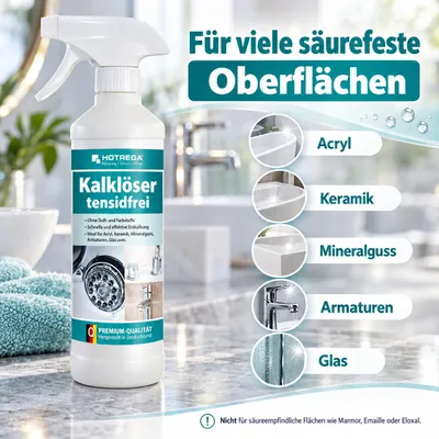 Produktbild von HOTREGA Kalklöser tensidfrei 2x 500 ml inkl. 2x Microfasertuch Micro Top, Entkalker, Badreiniger, Kalksteinentferner, Kalkreiniger