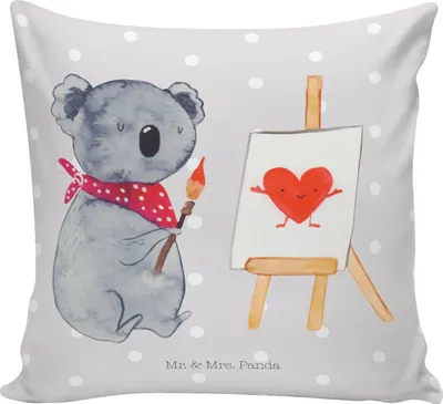 Produktbild von Mr. & Mrs. Panda kissen bedruckt Koala Künstler - Grau Pastell - Geschenk, Gefühle, Liebesgeschenk, kuschelkissen 40x40, zier, Sofakissen, Deko, Liebe, Zeichnen