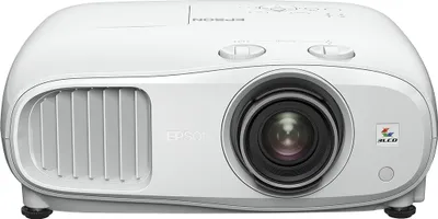 A front view of a white Epson projector.