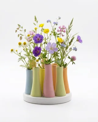Produktbild von Handgefertigte Keramik Deko Blumenvasen Set aus 10 Vasen in bunt, rund