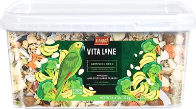 A clear, well-lit product shot of a plastic tub filled with bird food, featuring a prominent label with product information and graphics.