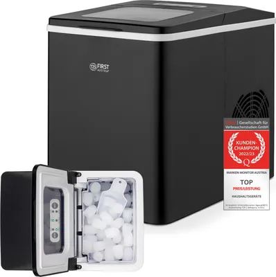 Produktbild von TZS First Austria Eiswürfelmaschine Edelstahl, 9 Würfel in 7-9 Minuten, Eiswürfelbereiter, 150W, Ice Cube Maker, 1,8 L Wassertank, LED Bedienpanel, Würfel S/L, 12 kg 24 Std, Eismaschine, Schwarz