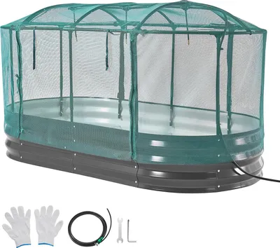 Produktbild von SucceBuy Hochbeet 180x90x30 cm, Ovales Gartenbeet mit integriertem Bewässerungssystem und Netzabdeckung, Pflanzkasten-Set für den Außenbereich, ideal für Blumen, Obst und Gemüse, Dunkelgrau