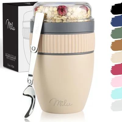 Isolierter Müslibecher 400 ml, Edelstahl, auslaufsicher, mit Löffel, Beige