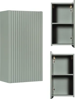 A product image showing a green cabinet with a fluted front and two smaller, open cabinets with shelves.