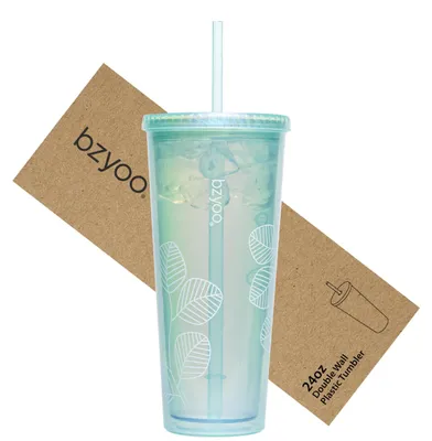 24 oz Plastikbecher mit Deckel & Strohhalm, Perlgrün Blatt