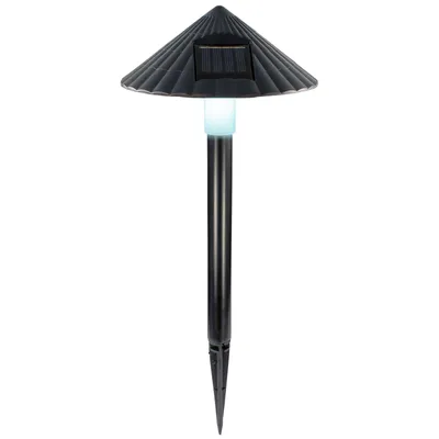A black solar garden light with a conical shade and a pointed stake for insertion into the ground.