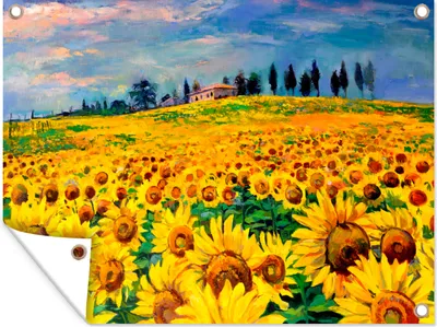 Produktbild von MuchoWow® 120x90 cm Outdoor-Poster Gartendeko Sichtschutz Garten Poster für den Garten  Gemälde - Sonnenblume - Ölfarbe - Blumen