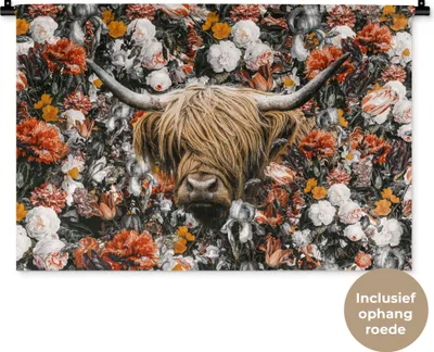 Produktbild von MuchoWow® Wandteppich Wandbehang Schottisches Hochlandrind - Blumen - Schwarz - Weiß 90x60 cm Tapisserie Dekoration Wandtuch - Wandskulpturen - Bildteppich