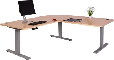 Produktbild von Eck-Schreibtisch HWC-D40, Computertisch elektrisch höhenverstellbar 178x178cm 84kg MVG  hellbraun, grau