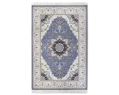Zdjęcie produktu dla Dywan tradycyjny do salonu 155x235cm, klasyczny kremowo błękitny z frędzlami