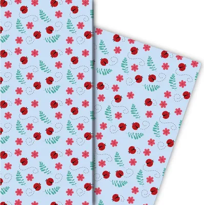 Produktbild von Marienkäfer Geschenkpapier mit Glücks-Käfern und Blumen, hellblau - G8284, 32 x 48cm