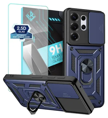 Produktbild von Armor Handyhülle für Samsung Galaxy S26 Ultra mit 9H Displayglas Displayschutz Kameraschutz Handy Panzer Case Cover Schutzhülle Outdoor Farbe: Blau
