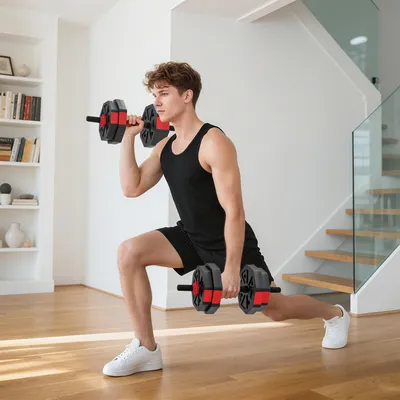 Produktbild von Hantelset 6-in-1 verstellbar 15 kg, Kurzhantel Langhantel Kettlebell Liegestützgriff, Kunststoff sandgefüllt, Rot | 100 cm | bodenschonend