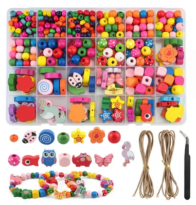 Image de Perles en bois colorées pour l'activité de perlage - 433 pièces de perles pour travaux manuels - Multicolores