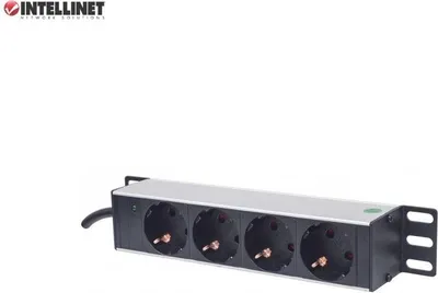 Produktbild von Intellinet 10" 4-fach Steckdosenleiste, Schutzkontakt, Power-LED, ohne Überspannungsschutz, 1,8 m Stromkabel, 1 HE, Standard, 1U, Horizontal/Vertikal, Grau, 4 AC-Ausgänge, Typ F