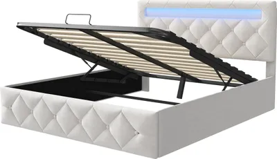 Zdjęcie produktu dla Łóżko tapicerowane 160x200, łóżko podwójne LED ze schowkiem i stelażem listwowym, zagłówek ze schowkiem, stelaż listwowy, stelaż łóżka z oparciem hydraulicznym
