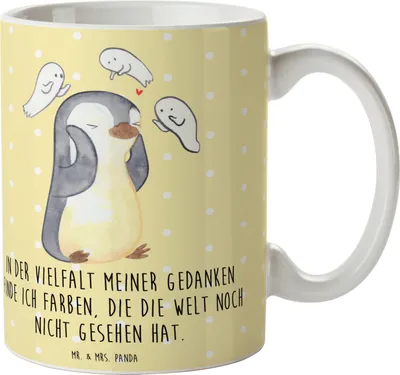 Produktbild von Mr. & Mrs. Panda Teetasse Pinguin Schizophrenie - Gelb Pastell - Geschenk, Schizophrene Psychose, Tasse, Pott, Kaffeetasse, Mentale Gesundheit, Gefühlswelt, haferl