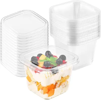 Imagen del producto de Vasos de plástico para postre, de 360 ml, paquete de 50 unidades, con tapa, para uso en la cocina