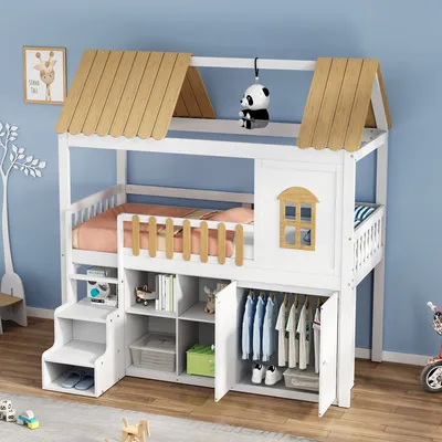 Zdjęcie produktu dla Dziecięce łóżko na poddaszu z szafą, oknem, szafką na buty i bezpiecznymi schodami, biały+naturalny, 90x200cm
