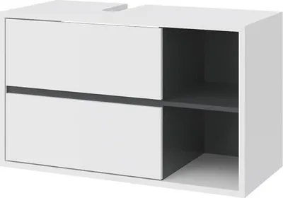 A white and anthracite bathroom vanity unit with two drawers and open shelving.
