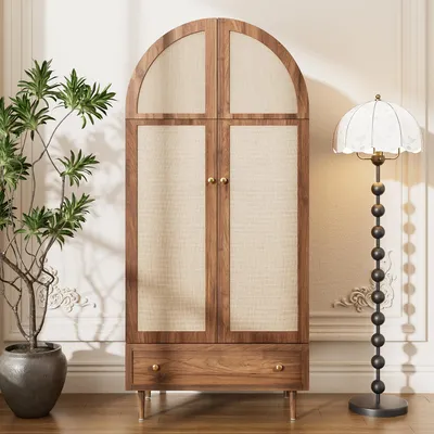 Produktbild von okwish Moderner Kleiderschrank mit Stofftüren und Schublade,vielseitiger Garderobenschrank großer Stauraum,Doppeltüriges Design,Holz