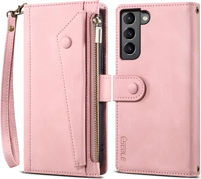 Produktbild von Schutzhülle für Samsung Galaxy S22 5G Reißverschluss Hülle, Leder Klapphülle Kartenfach Standfunktion Brieftasche mit Trageband Rosa