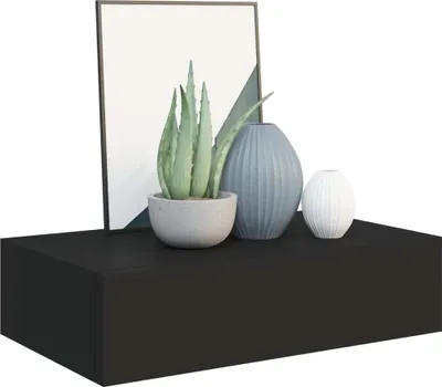 A black shelf with decorative items including a framed picture, a potted plant, and two vases.