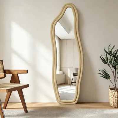 Productafbeelding van INONEFT Volledige spiegel, 160x45 cm, staande spiegel, grote asymmetrische vloerspiegel, geschikt voor ophanging, plaatsing op de vloer of kanteling, wandspiegel, spiegel, decoratie, fluweel, geel