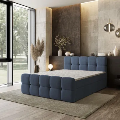 Produktbild von Masseno Boxspringbett BRUME 180x200 cm Komplett-Set mit Bonell Matratze und Topper, Polsterbett mit Bettkästen -Blau, SORO 76