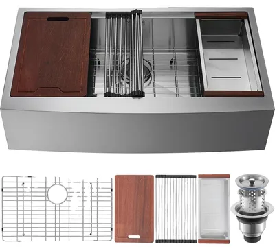 Immagine prodotto di Lavello da cucina VEVOR, Lavello da incasso in acciaio inox 304, Lavello da incasso con tagliere e scolapasta e scolapasta, Lavello domestico a vasca singola 914,4 x 558,8 x 228,6 mm Postazione da cucina